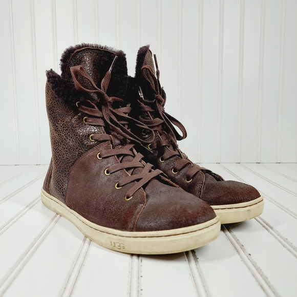 UGG Croft Lace Up High Top Trainers Dark Brown Fur Lining Ankle Boots C503 - Picture 4 of 10